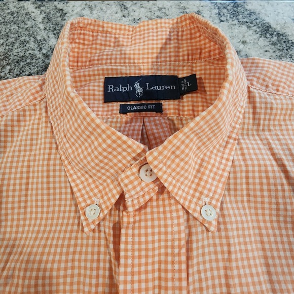 RALPH LAUREN SHORT SLEEVE BUTTON DOWN MENS LARGE ORANGE WHITE GREEN PONY CLASSIC - Picture 5 of 10